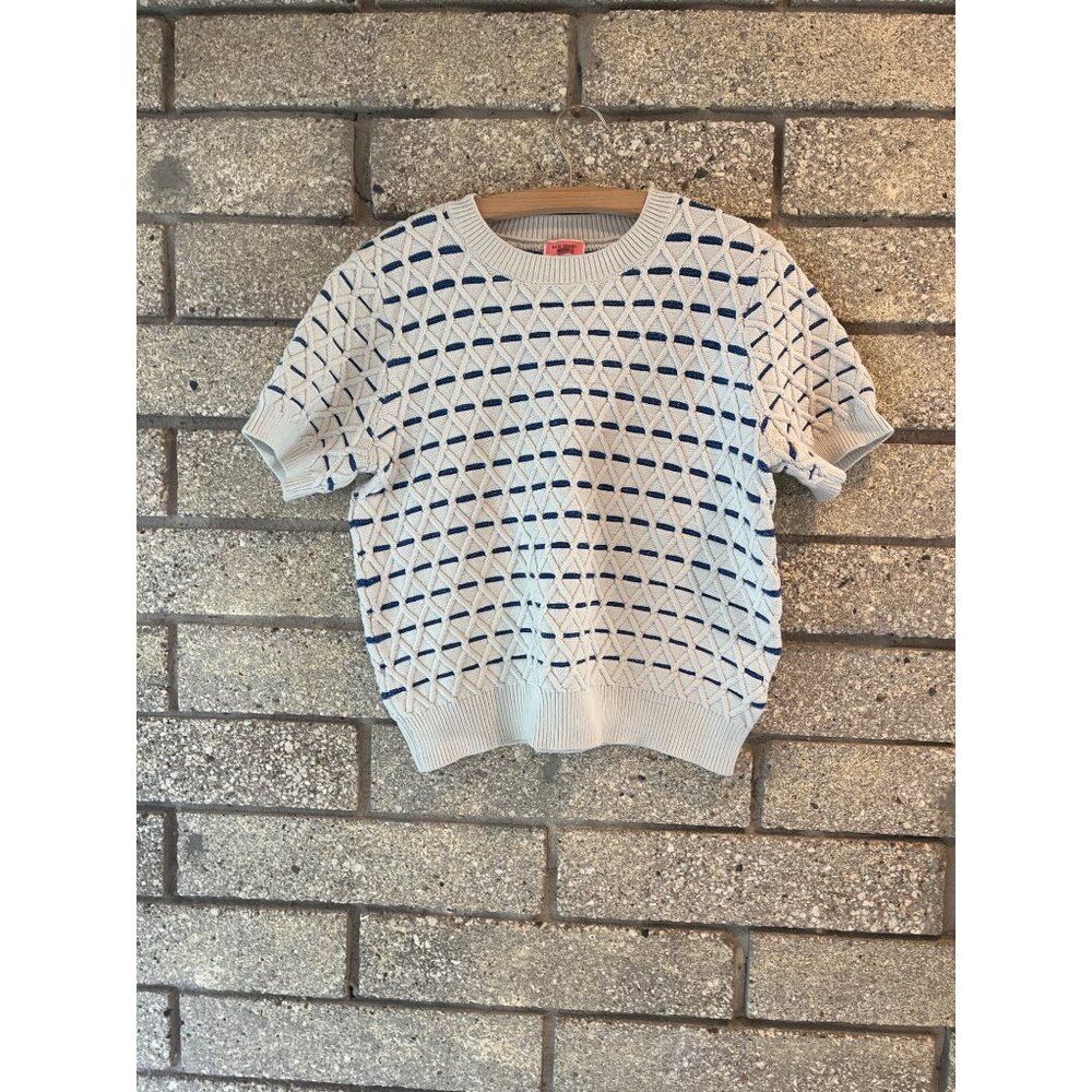 Kate Spade Womens Short Sleeve Knit Sweater Blue & Cream Geometric Pattern Cotto